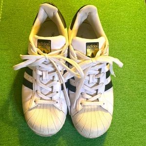 adidas Superstars-womens size 8; white with 3 black stripes